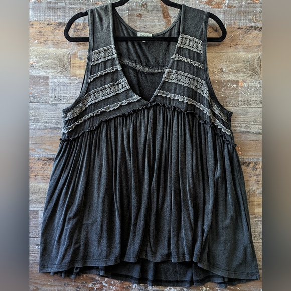 POL Tops - New POL Stonewashed Black Sleeveless V Neck Gathered Tunic With Crochet
